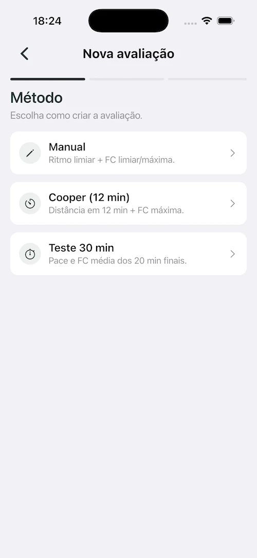 Nova avaliação física no PinnacleFit Coach com a escolha do método