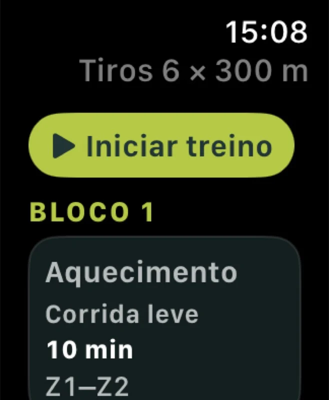 Apple Watch mostrando o treino Tiros 6 × 300 m com o botão Iniciar treino